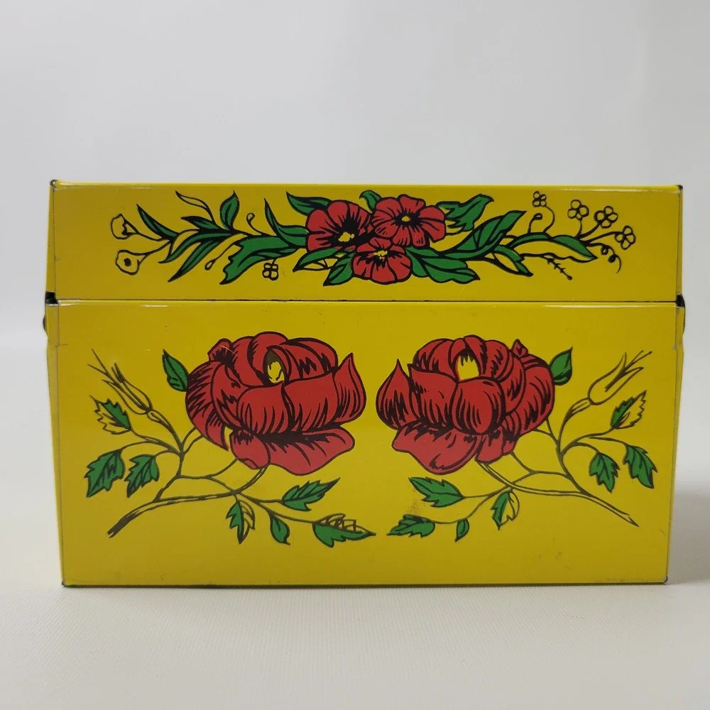 Vintage Syndicate Mfg Co Yellow Floral Rose Metal Tin Recipe Storage Box